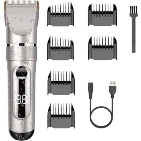 YMYNY Professioneller Haarschneider, IPX7, Keramikklinge, LCD-Haarschneider mit motorisiertem Einstellkamm, 3/6/9/12 mm, wasserdicht, wiederaufladbar, für Zuhause oder den Friseur (Silber)