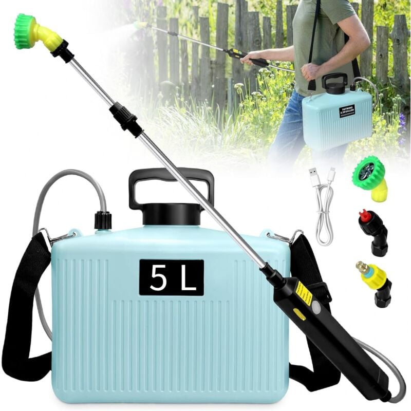 Pulvérisateur électrique à batterie de 5 l avec 3 buses, poignée rechargeable, pistolet rétractable, bandoulière réglable, pour pelouse, jardin et