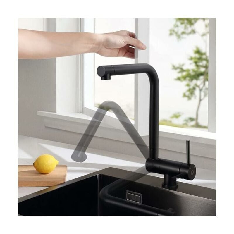 Robinet de cuisine noir, mitigeur de cuisine rétractable sous fenêtre, bec flexible pliable à 90 ° / rotatif à 360 ° / pivotant à 360 °, robinet