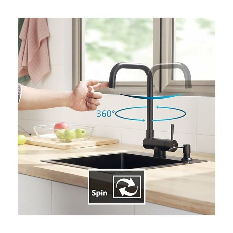 Ymyny - Robinet de cuisine rabattable, noir, robinet de cuisine rabattable avec 2 buses au choix sous la fenêtre, mitigeur de cuisine avec bec