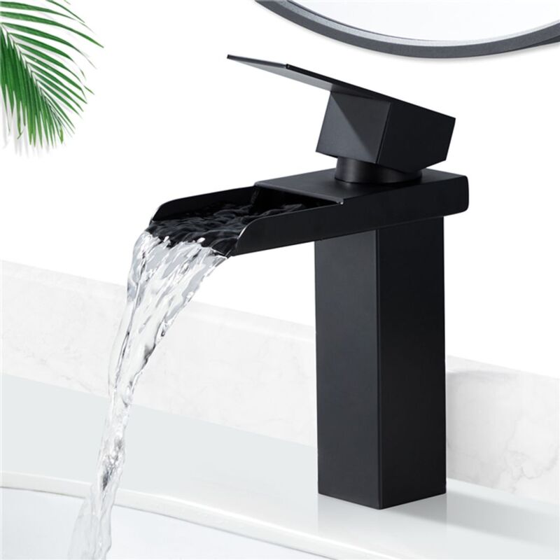 Robinet de salle de bain cascade Homelody Mélangeur de lavabo noir mat Design cascade concave Mitigeur de lavabo en acier inoxydable à poignée unique