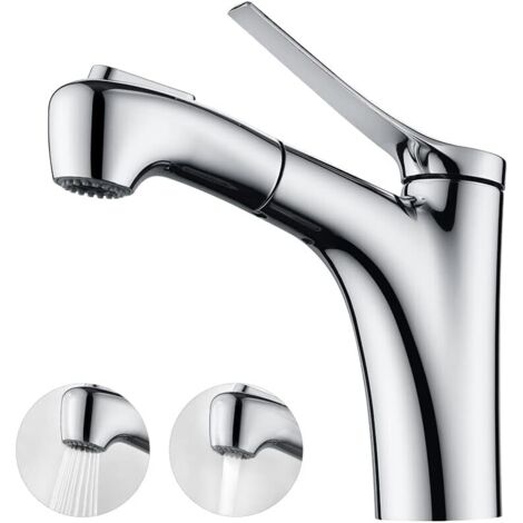 YMYNY Robinet de salle de bain extractible avec 2 modes de débit d'eau, douchette à main, mitigeur de lavabo à levier unique - Chrome