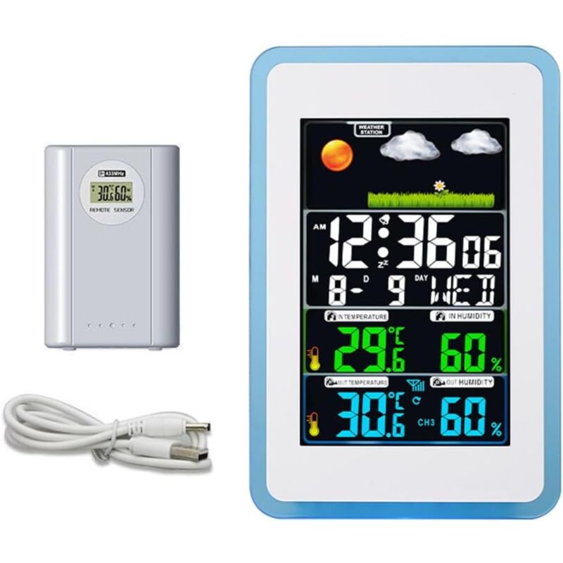 Station Meteo Interieur Exterieur Sans Fil,Station Météo Sans Fil,Thermomètre Hygromètre Baromètre Intérieure Extérieure avec Capteur led Ecran