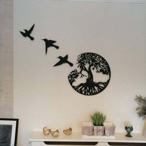 YMYNY Wandkunst „Baum des Lebens“, 29,9 cm, schwarzes Metall, Wandskulptur mit 3 fliegenden Vögeln, Dekoration für drinnen und draußen, für Schlafzimmer, moderne runde Wanddekoration
