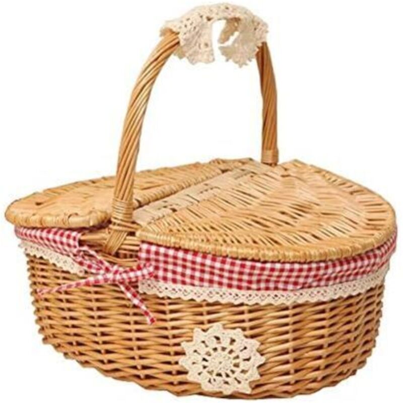 Ymyny - Woven wicker picnic basket with lid - country style with red and white checked cotton lining - presentation basket for picnics and parties