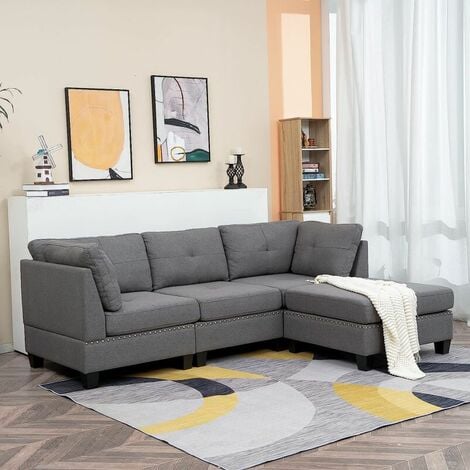 YODOLLA 225CM Convertible Sectional Sofa Couch with Ottoman, Modern Tufted Linen Fabric L-Shaped Couch with Reversible Chaise, Suitable for Living Room Gray