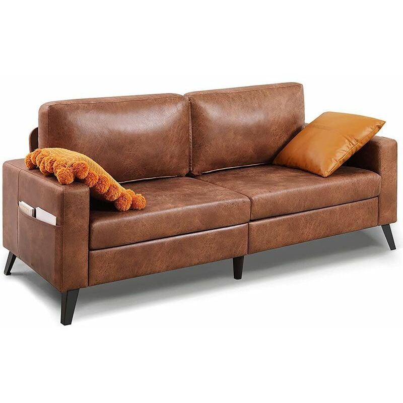 2m Sofa Couch, Nubuck Faux Leather Couch for Living Room, Mid Century Modern Decor Furniture, Saddle Brown - Yodolla