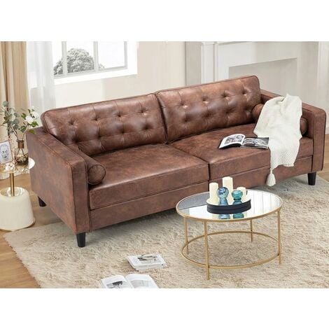 YODOLLA 3 Seater Sofa 214cm Tufted Synthetic Suede Fabric Sofa with 2 Bolster Pillows Modern Sleeper Sofa Upholstered Loveseat for Living Room, Office, Appartment, Brown