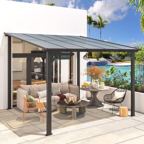 YODOLLA 3m x 3m Gazebo, Wall Mounted Gazebos Pergola on Clearance, Outdoor Patio Lean to Gazebo Awnings for Deck, Porch, Backyard and More, Black