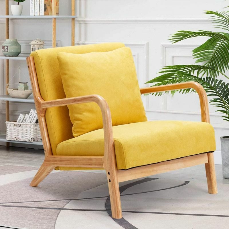 Accent Chair Upholstery Linen Retro Chair with Arm Living Room Furniture Yellow - Yodolla