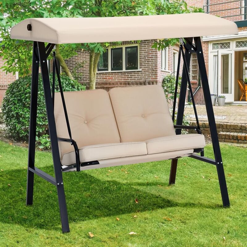 Balancelle de Jardin avec 2 Places, Toit Inclinaison Réglable et Coussin Épais, Beige - Yodolla