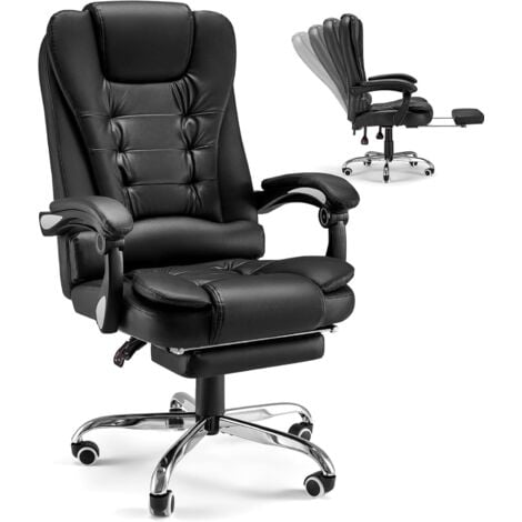 YODOLLA Bürostuhl 200kg Belastbarkeit, Ergonomischer Chefsessel Schreibtischstuhl mit Liegefunktion, Höhenverstellbar Office Chair mit Fußstütze aus Leder, Schwarz