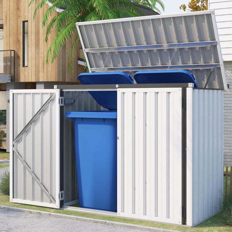 Cache Poubelle Exterieur en Métal, Abri pour 2 Poubelles 240L, Rangement Exterieur pour Outils,Vélo Enfant (Blanc) - Yodolla