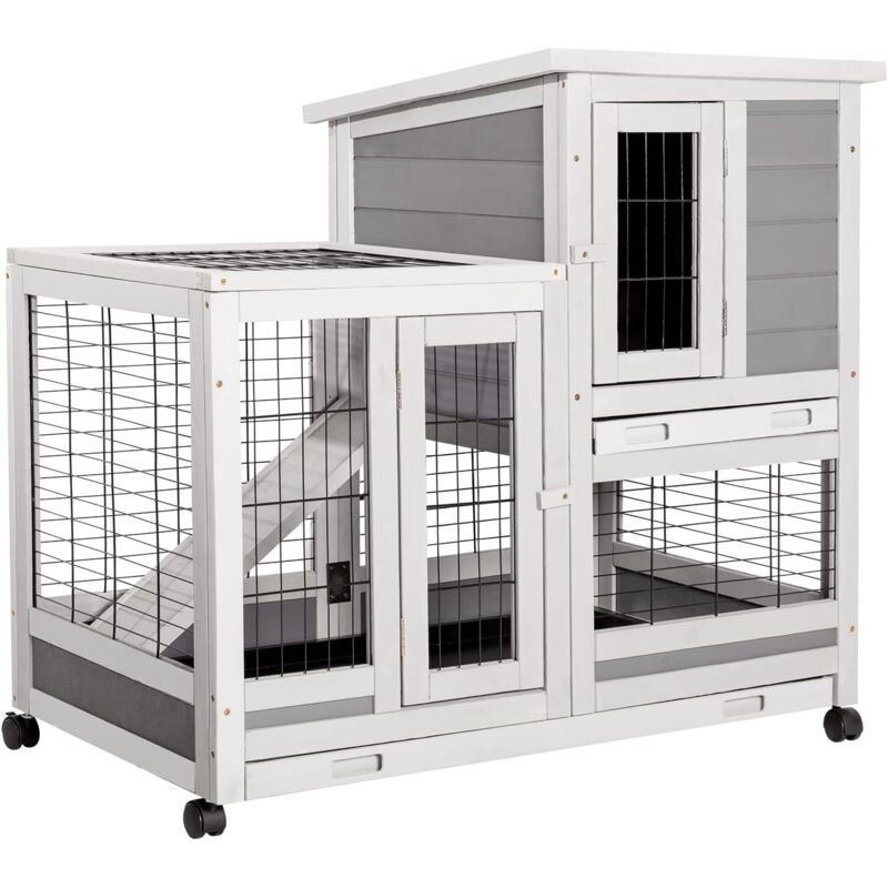 Yodolla – Cage à lapins en bois sur roulettes – Clapier intérieur 2 étages avec 3 portes verrouillables – 2 plateaux amovibles 94x62x85 cm