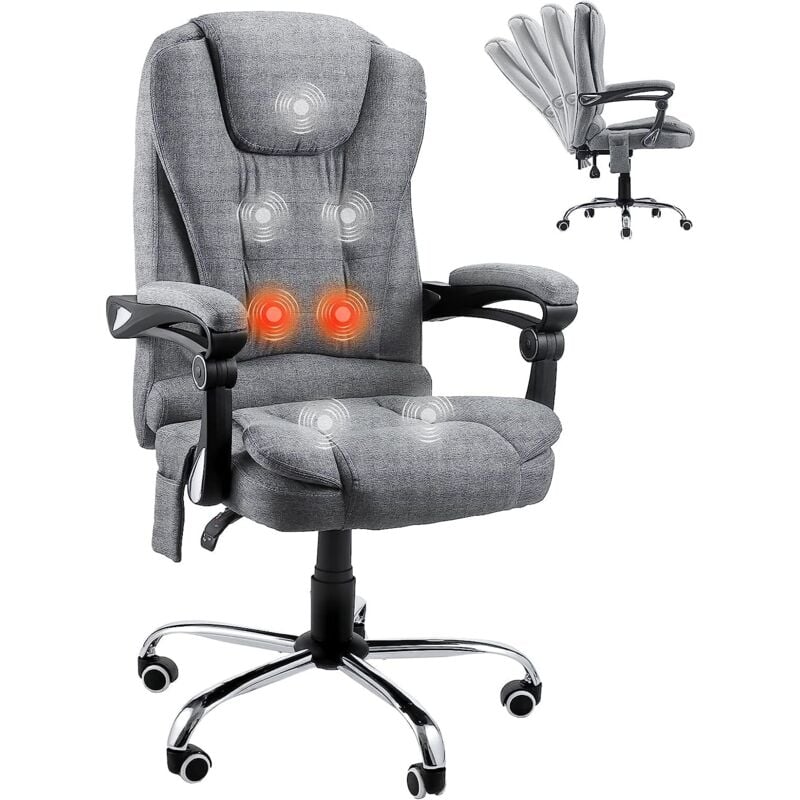 Chaise longue ergonomique pour bureau, chaleur et massage - Chaise de bureau avec dossier haut et hauteur réglable - Chaise pivotante exécutive en