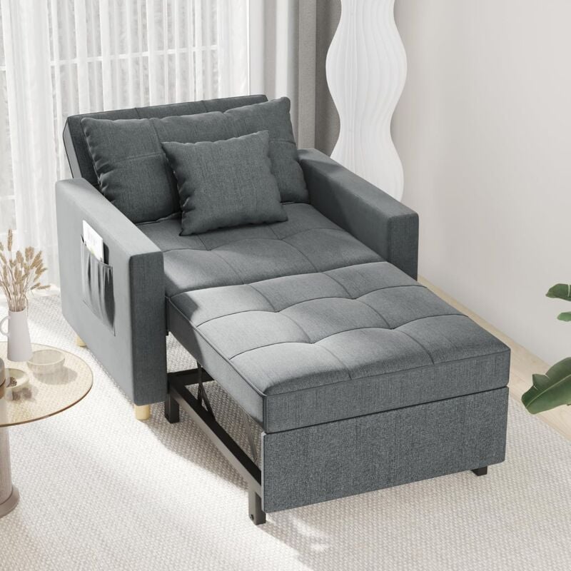 Convertible Sofa Bed 3-in-1 Pull out Arm Chair Folding Recliner Sleeper Single Bed for Adults, Dark Gray - Yodolla