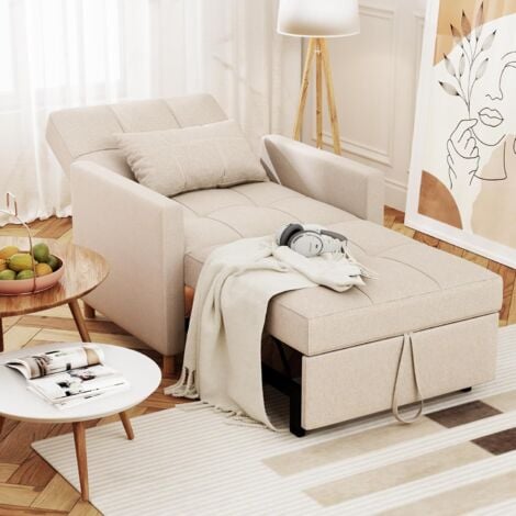 YODOLLA Einzel-Sofa, Bett, Stuhl, 3-in-1-Sessel, wandelbar, verstellbare Stühle, Bett für kleine Räume mit Seitentasche, Beige