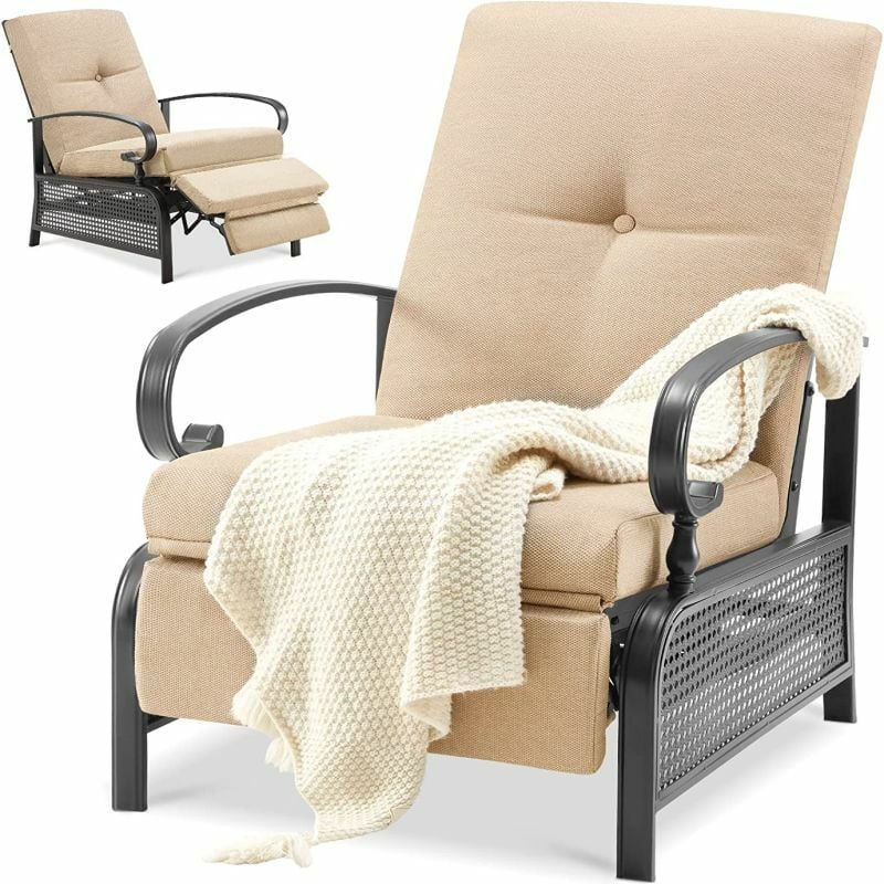 Garden lounge Outdoor Metal Adjustable Patio Recliner Lounge Chair with Removable Thick Cushions, Beige - Yodolla