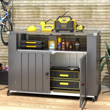 YODOLLA Metal Storage Cabinet with Wheels, Tool Chest Garage Cupboard with 2 Door, 2 Tier Rolling Utility Galvanized Filing Trolly