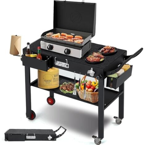 YODOLLA Outdoor Grill Dining Cart, Folding Stainless Steel Pizza Oven Stand Movable, BBQ Trolley Food Prep Table with Wheels