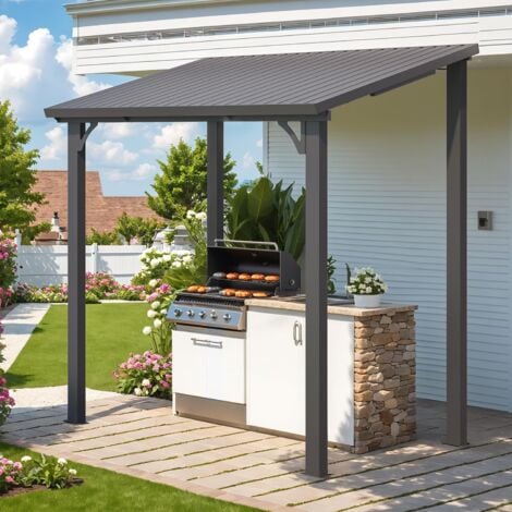 YODOLLA Pergola 1.5m x 2.4m, Lean to Pergolas Outdoor Metal Harodtop & Wall-Mounted Heavy Duty Gazebo with Galvanized Steel Roof