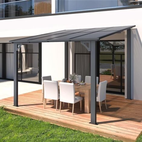 YODOLLA Pergola Adossée, Tonnelle de Jardin Exterieur, Gouttière Intégrée, Résistant UV, 2,4 x 2,4m - Noir