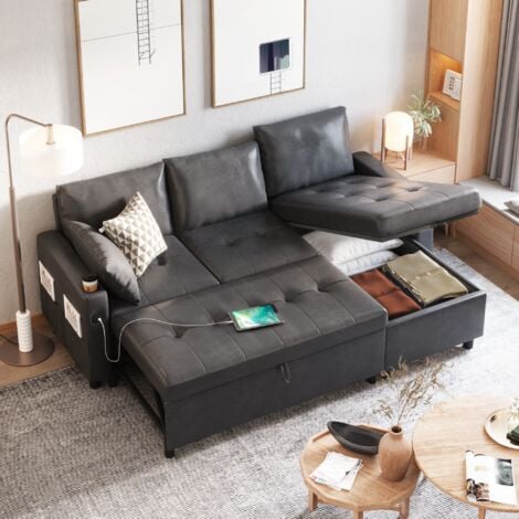 YODOLLA Schlafsofa 3-in-1, Umschaltbare Chaiselongue Sofa mit Bettkasten, USB-Ports & Tassenhalter (Schwarz)