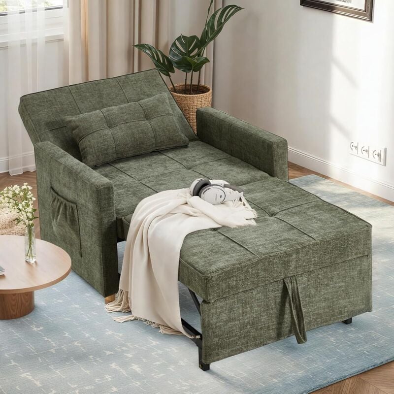 YODOLLA 175cm Sofa Chair, 3 in 1 Sleeper Chair Bed Pull Out Convertible with Pillow, Multi-Functional Couch Loveseat Reading Chair, Green