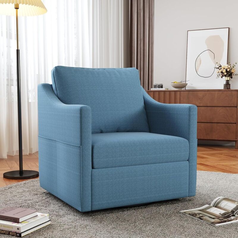 YODOLLA Swivel Armchair Cuddle Sofa Chair, Fabric Snuggle Rocker Chairs, 360°Rotating Metal Base, Blue