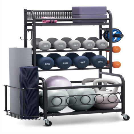 Yoga Mat Storage Rack, Home Gym Workout Equipment Organizer - Powder Coated Steel Yoga Mat Holder with Hooks & Wheels, Suitable for Dumbbells, Kettlebells