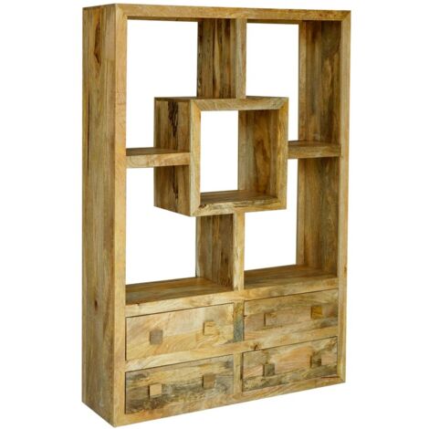 Yoga Straight Bookcase with 4 Drawer - Mango Wood - L35 x W120 x H175 cm - Light Finish