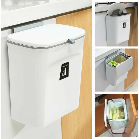 YOIURT Poubelle à compost de cuisine de 2,4 gallons pour comptoir ou sous évier, petite poubelle suspendue avec couvercle blanc
