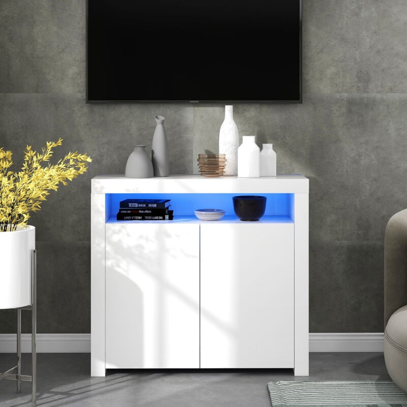 Yoleo - Commode Buffet Armoire de Cuisine Brillant avec Lumière led Meuble tv Mat Haute Brillance - 108 x 92 x 40CM - Blanc
