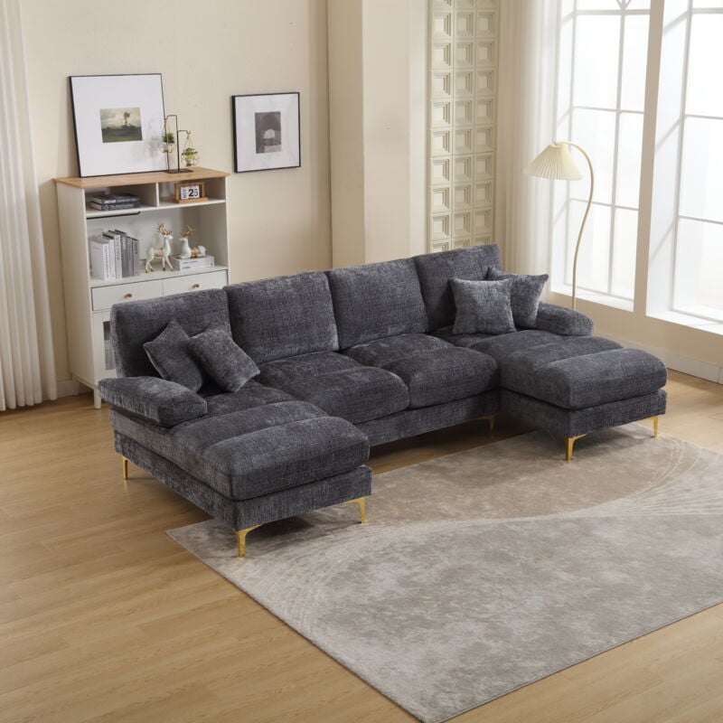 Canapé 4/5 Places en tissu chenille,Canapé Scandinave Moderne en forme u avec 4 coussins,oreillers pour salon,chambre,Gris - Yoleo