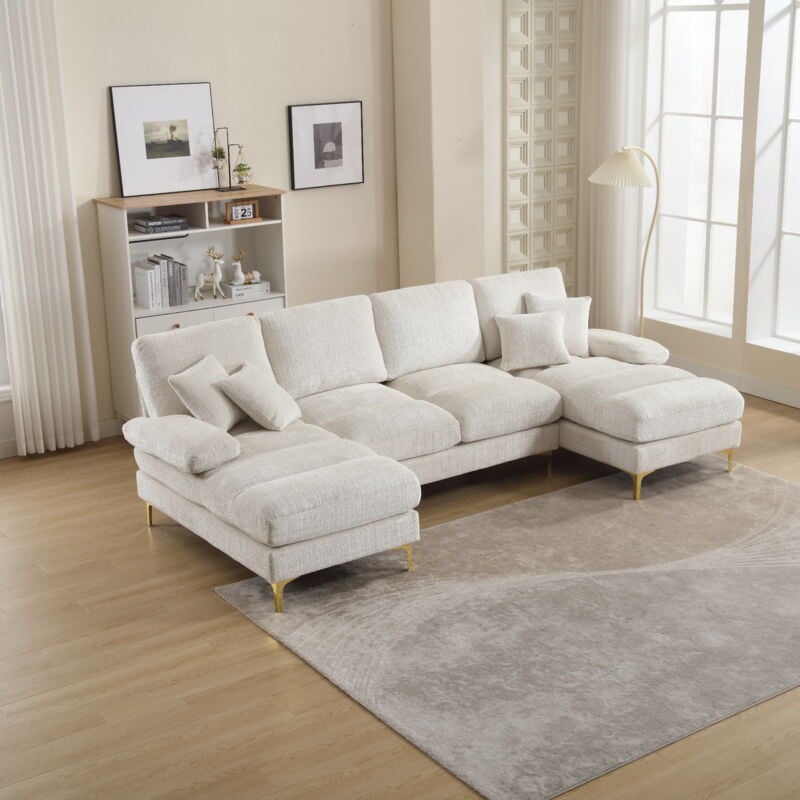 Canapé 4/5 Places en tissu chenille,Canapé Scandinave Moderne en forme u avec 4 coussins,oreillers pour salon,chambre,Beige - Yoleo