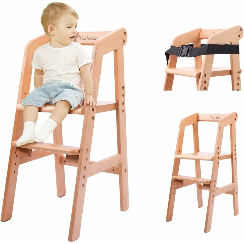 Yoleo - Chaise Haute Evolutive en Bois pour bébé, Chaise Enfant Réglable, Fabriqué en bois de hêtre de haute qualité, Avec ceintures de sécurité,