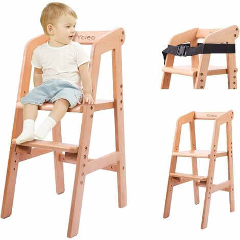 YOLEO Chaise Haute Evolutive en Bois pour bébé, Chaise Enfant Réglable, Fabriqué en bois de hêtre de haute qualité, Avec ceintures de sécurité