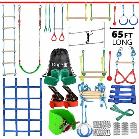 Yoleo Ninja Warrior Parcours d'obstacles pour enfants Exterieur Motricite Jeux Parcours Obstacle avec Echelle Corde Balancoire Trapèze Filet d'escalade 65ft/20M
