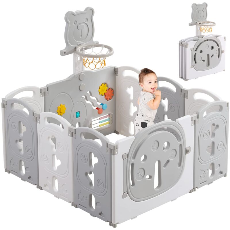 Parc Bébé Pliable 8+2 Panneaux,Barrière de Sécurité Portail Parc avec Panier de Basket,Parc enfants Centre d'activités de sécurité, Plastique,Gris