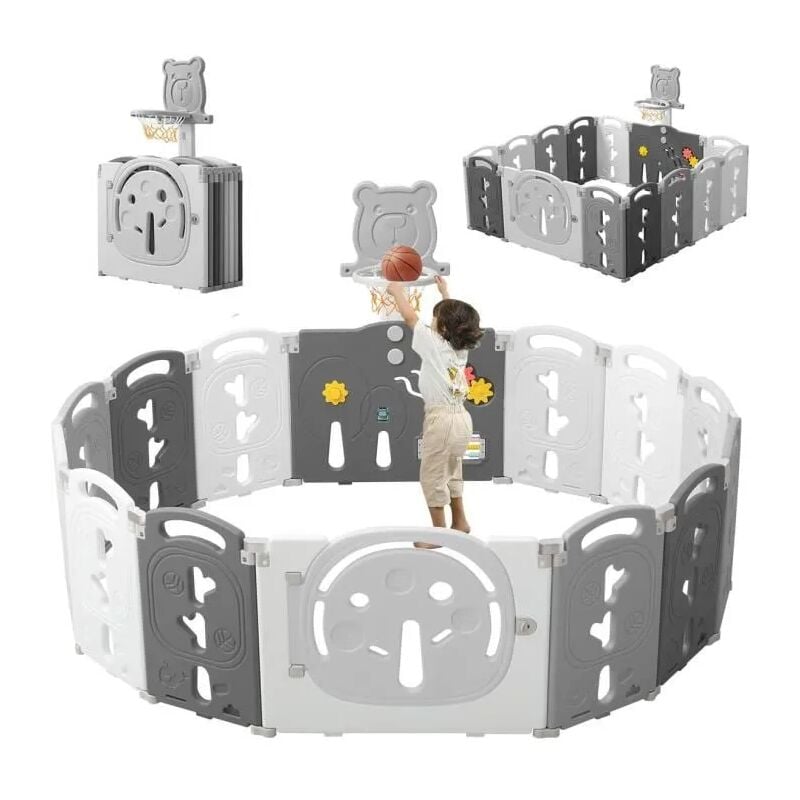 Parc Bébé 14 Panneaux,Barrière de Sécurité Portail Parc xl avec Panier de Basket,Centre d'activités de sécurité,Plastique,Pliable,Gris