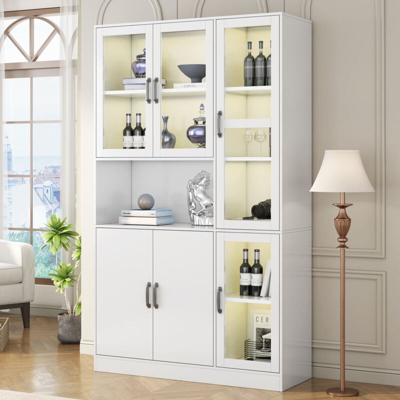 Neche - Vitrine avec éclairage LED,Bibliothèques Moderne avec étagères pour rangement,6 portes,120×40×200 cm pour salon,Blanc