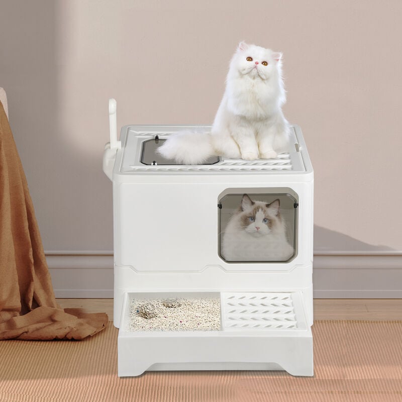 Bac à litière pliable pour chat,WC pour Chats,Entrée avant (avec panneau de porte) et sortie supérieure-(Blanc 45×35×38 cm)