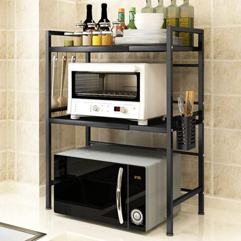 Yongqing – Étagère micro-ondes extensible 2 niveaux – Rangement cuisine avec 3 crochets – Charge max 50kg – Dimensions réglables 40-64cm – Noir