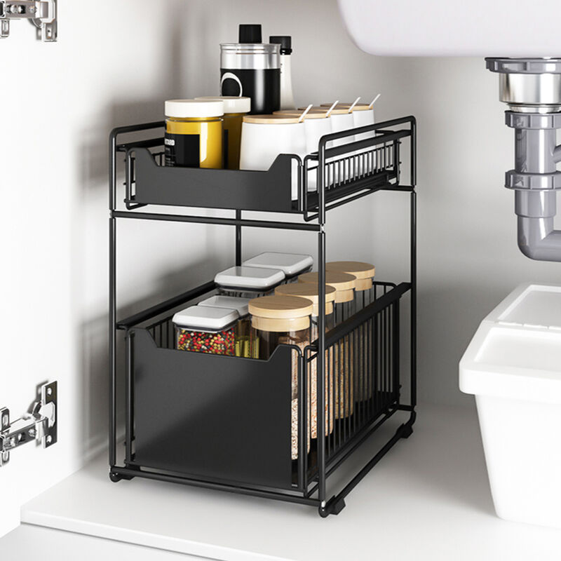 Rangement Sous Évier Cuisine a 2 Étages Panier Rangement Epices Cuisine rangement polyvalente Pour Cuisine Salle de Bain Garde-manger Bureau Noir