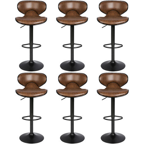 YONGQING® Tabouret de bar Lot de 6，Tabourets de Cuisine，Chaises Rembourrés en Suède Marron,Hauteur Réglable，Rotatif à 360°et，avec Dossier et Repose-Pieds