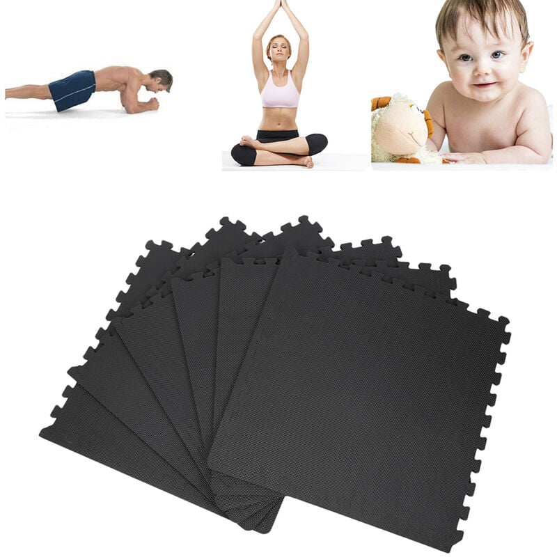 Tapis de Protection de Sol eva Matelas Puzzle Imperméable 6 Dalles pour Fitness Piscine Patageoire Garage- 60x60cm-Noir