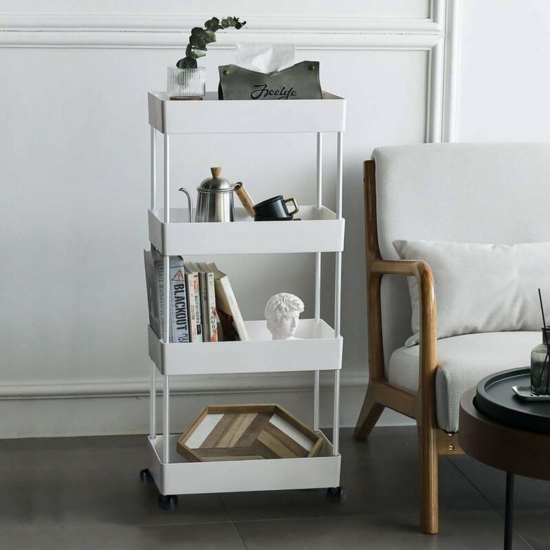 Carrello su Ruote per Riporre Documenti e Articoli di Cartoleria YOOKEA Carrello Portaoggetti a 4 Piani Bianco Bagno Ripiano per Soggiorno Oggetti Ifficio