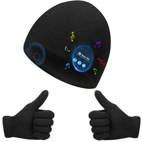 yoouyida Bonnet Bluetooth V5.0 avec Gants tactiles, Hiver Chaud tricoté sans Fil Bluetooth Casque Musique Chapeau pour la Course à Pied, randonnée, Cadeau de Noël（noir）