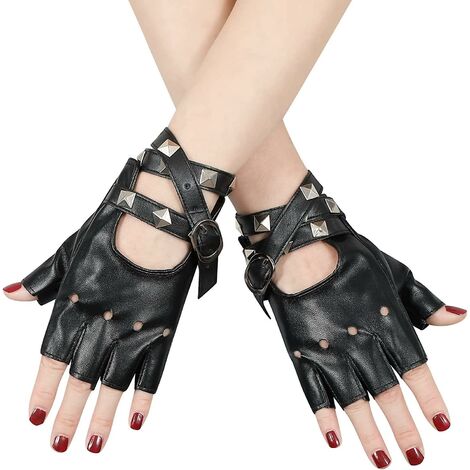 yoouyida Femmes Punk Gants En Cuir Pu Demi Doigt Rivets Performance Costume Sans Doigts