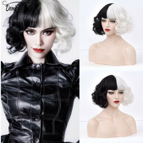 yoouyida Haircube Perruque synthétique pour femme cheveux courts bouclés et ondulés avec frange résistante à la chaleur Noir/blanc